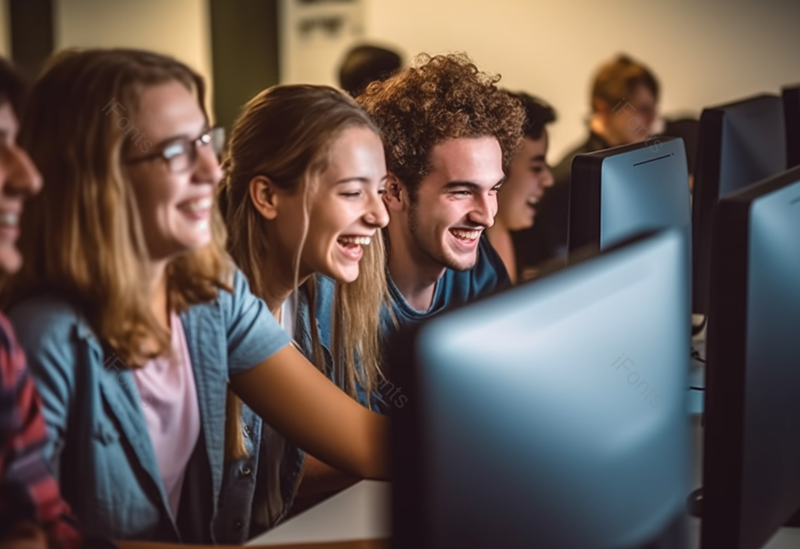 快乐的学生在计算机实验室课堂上交流摄影背景,高清,摄影图,摄影图片,图片大全,摄影图免费下载